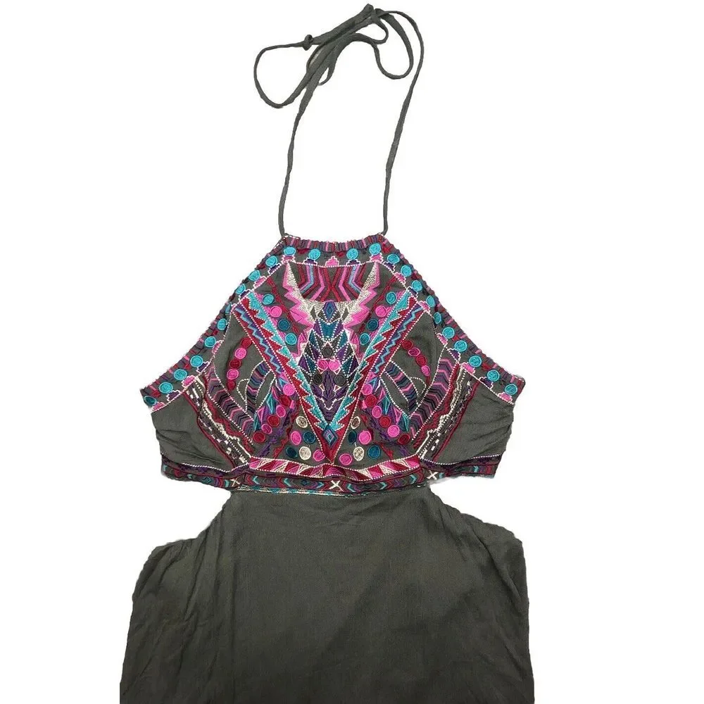 Lulus Little Beach Olive Green Lined Cutout‎ Embroidered Maxi Dress NWT L - Picture 7 of 15